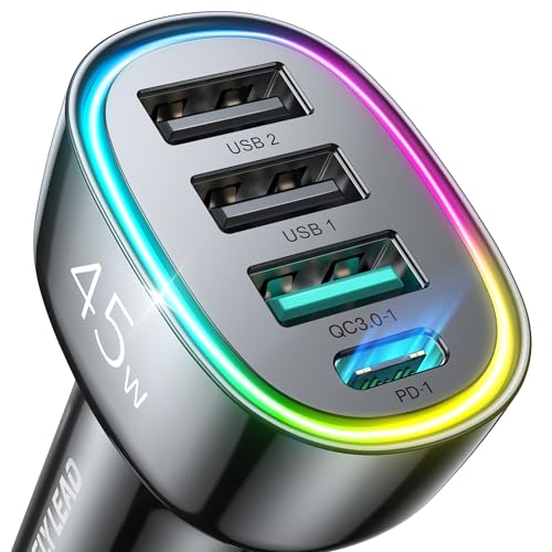 Usb C Car Charger, 45W 4 Ports Super Fast Car Charger Adapter, Pd3.0 &Amp; Qc3.0 30W Type C Car Charger For Iphone 16/15/14/13/12/11 Pro Max Plus Samsung Galaxy S24 Ultra/S23 Cigarette Lighter Usb Charger