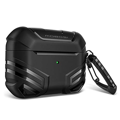 Mobosi Vanguard Armor Series Military Airpods Pro Case, Full-Body Hard Shell Protective Cover Case Skin With Keychain For Airpod Pro 2019, Black [Front Led Visible]