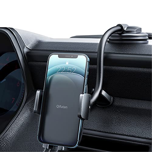 Qifutan Cell Phone Holder For Car Phone Mount Long Arm Dashboard Windshield Car Phone Holder Anti-Shake Stabilizer Phone Car Holder Compatible With All Phone Android Smartphone, Black