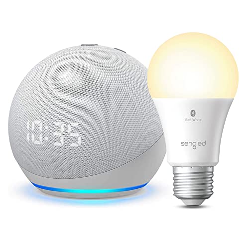 Echo Dot (4Th Gen) With Clock | Glacier White With Sengled Bluetooth Bulb | Alexa Smart Home Starter Kit