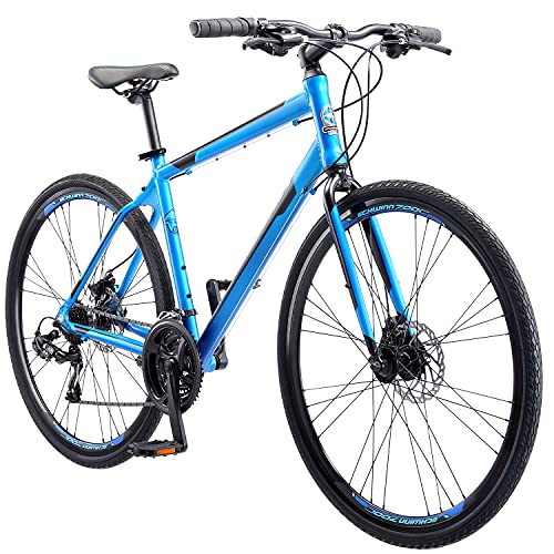 Schwinn Volare 1200 Flat Bar Hybrid Sports Road Bike, Men And Women, 21-Speed, 700C Wheels, 19-Inch Aluminum Frame, Disc Brakes, Matte Blue