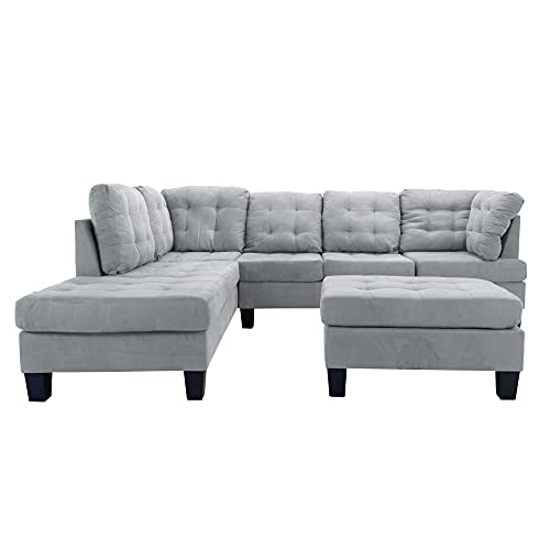 Casa Andrea Milano Llc 3 Piece Modern Tufted Micro Suede L Shaped Sectional Sofa Couch With Reversible Chaise &Amp; Ottoman, Large, Grey