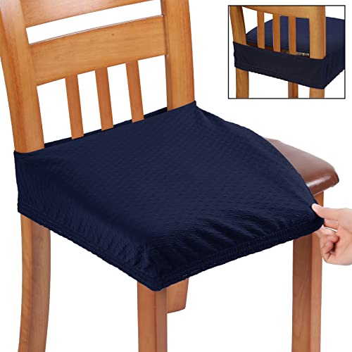 Buyue Fast Installation Dining Room Chair Covers Set Of 6, Luxury Stretch Jacquard Seat Slipcovers For Kitchen Armless Chairs, Rear Gapped- Navy Blue- 6