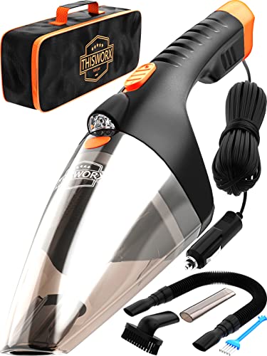 Thisworx Car Vacuum Cleaner - Led Light, Portable, High Power Handheld Vacuums W/ 3 Attachments, 16 Ft Cord &Amp; Bag - 12V, Auto Accessories Kit For Interior Detailing - Black