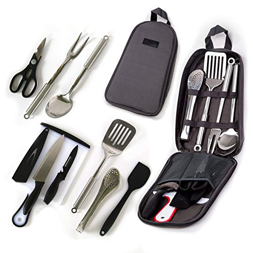 Camp Cooking Utensil Set &Amp; Outdoor Kitchen Gear-10 Piece Cookware Kit, Portable Compact Carry Case -For Camping, Hiking, Rv, Travel, Bbq, Grilling-Stainless Steel Accessories- Fork, Spoon, Knife, Etc