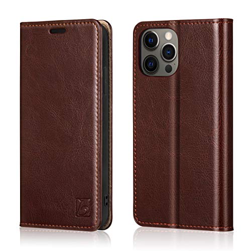 Belemay Compatible With Iphone 12/12 Pro Wallet Case 5G (6.1' 2020) Genuine Cowhide Leather Folio Flip Cover [Rfid Blocking] Credit Card Holder [Soft Tpu Shell] Kickstand Function Folding Case, Brown