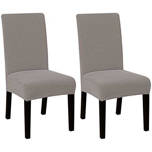 Stretch Dining Chair Covers Set Of 2 Parson Chair Covers For Dining Room Chair Slipcovers Chair Protectors Covers, Feature Textured Checked Thick Jacquard Fabric, Taupe