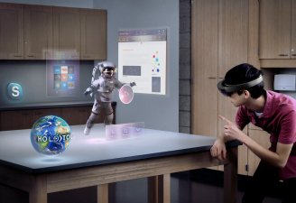 A person playing an augmented reality game using Microsoft Hololens