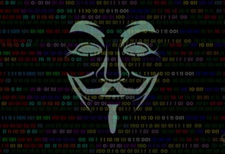 Anonymous mask hacking illustration with 1 0 bits in background