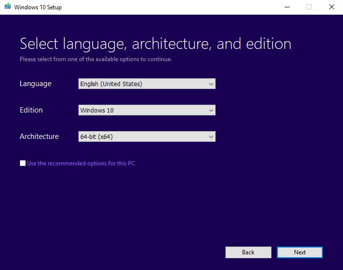 Selecting Language, Architecture, And Edition In Windows 10 Media Creation Tool