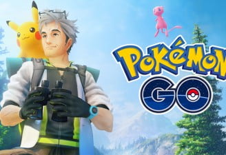 image contains pokemon go logo with pikachu and a trainer