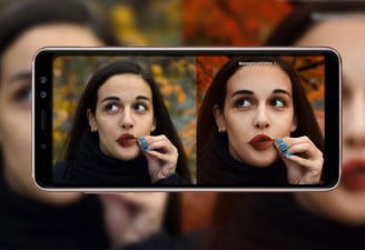 Image contains Samsung Galaxy A8 Star with two images of the same girl in different modes