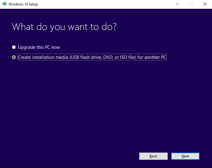 A Screenshot Of First Step Of Windows Media Creation Tool Selecting 'Create Installation Media' Option