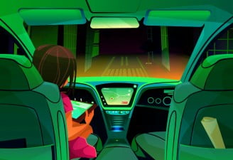 An illustration of autonomous car driving itself on road while a girl uses her tablet