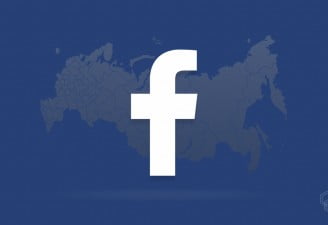 A facebook logo with a russian map in the background