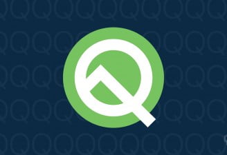 An illustration with Android Q Beta logo