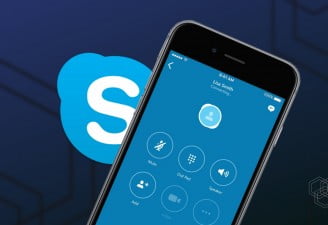 An featured image design with skype logo and an iPhone mockup with skype running on it