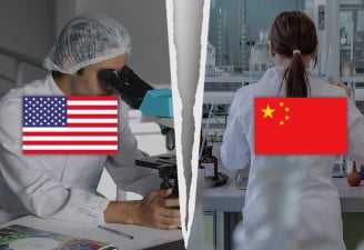 a collage of two images with US and China flags on it showing US and Chinese scientists working in different labs