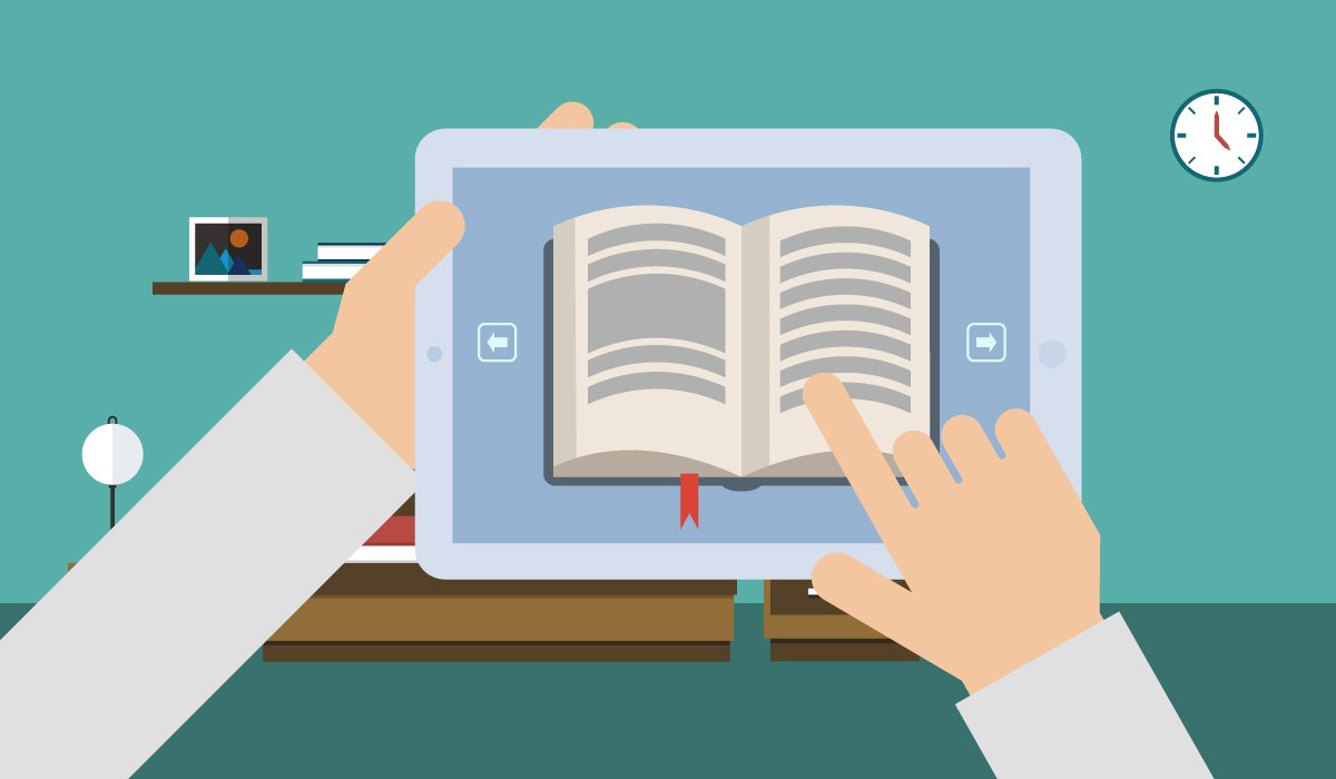 An illustration of a tablet in hand with an ebook open, a person using an old tablet as an ebook reader