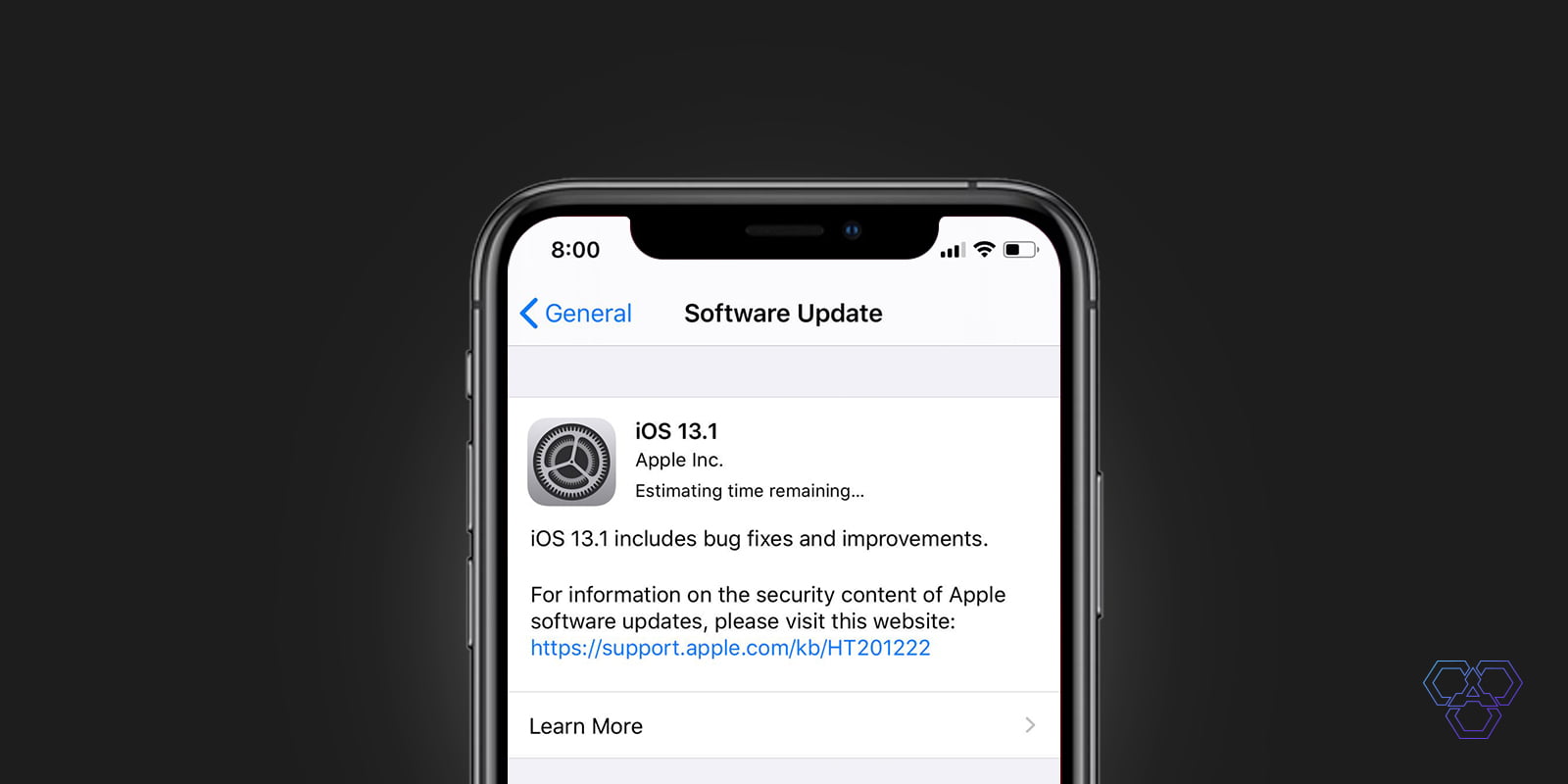 A photo of iPhone prompting iOS 13.1 update