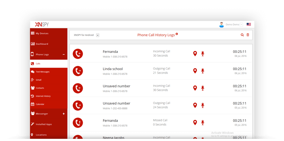 Xnspy Dashboard Call Logs