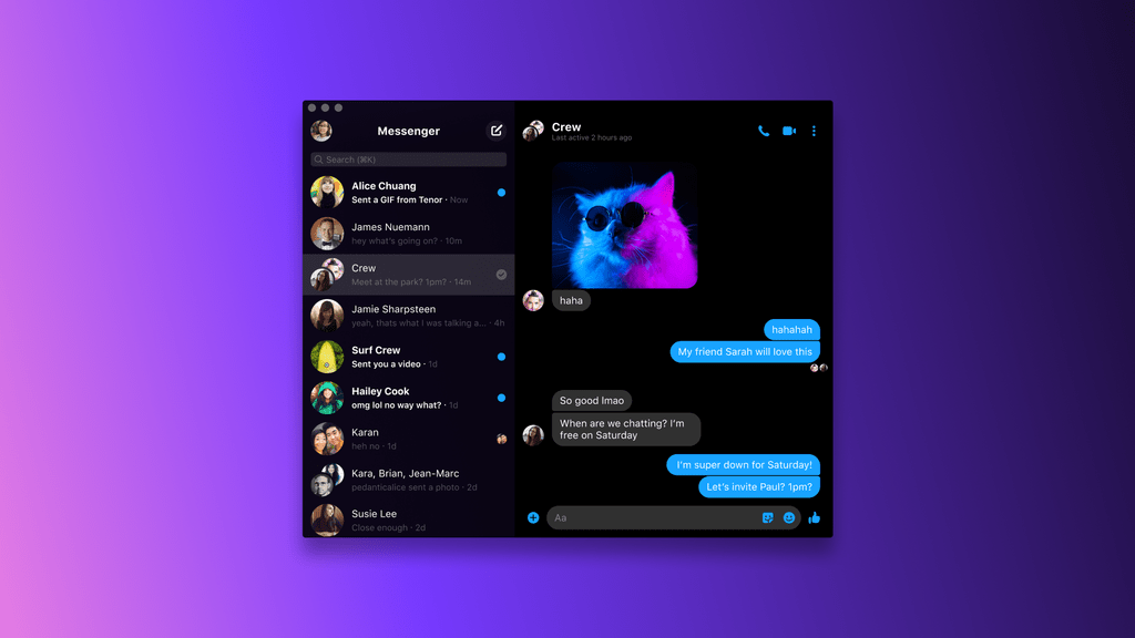 Messenger app on macOS with Dark Mode enabled