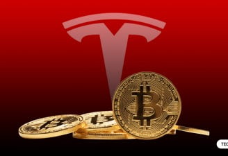 An image of Tesla logo with Bitcoin