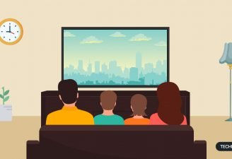 An illustration of a family sitting in home cinema, watching TV