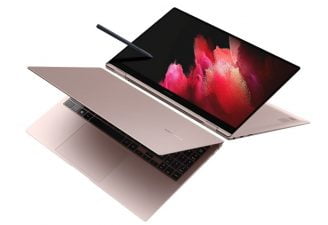 An Image of Galaxy Book Pro 360 with S pen behind
