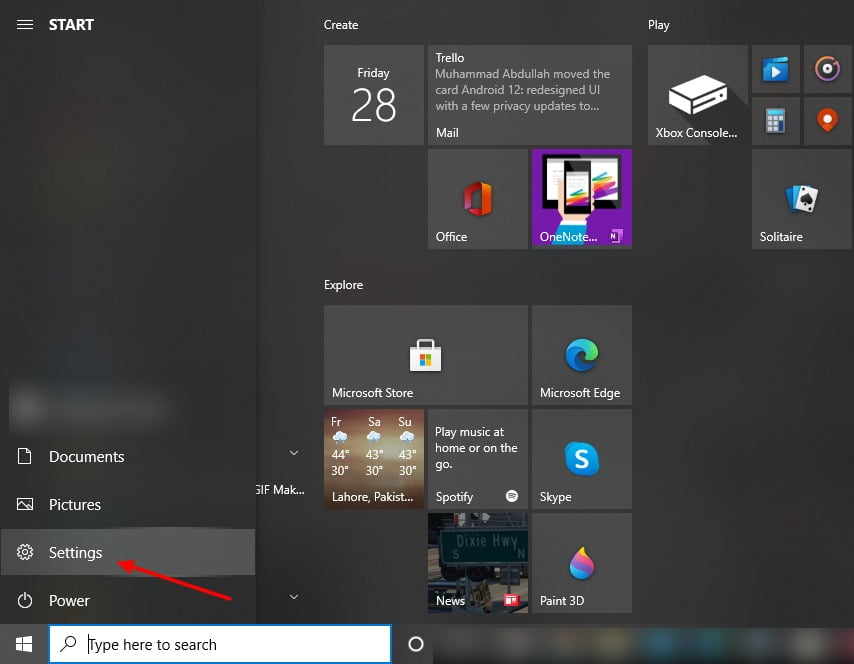 Screenshot Of Settings Tab In Windows 10