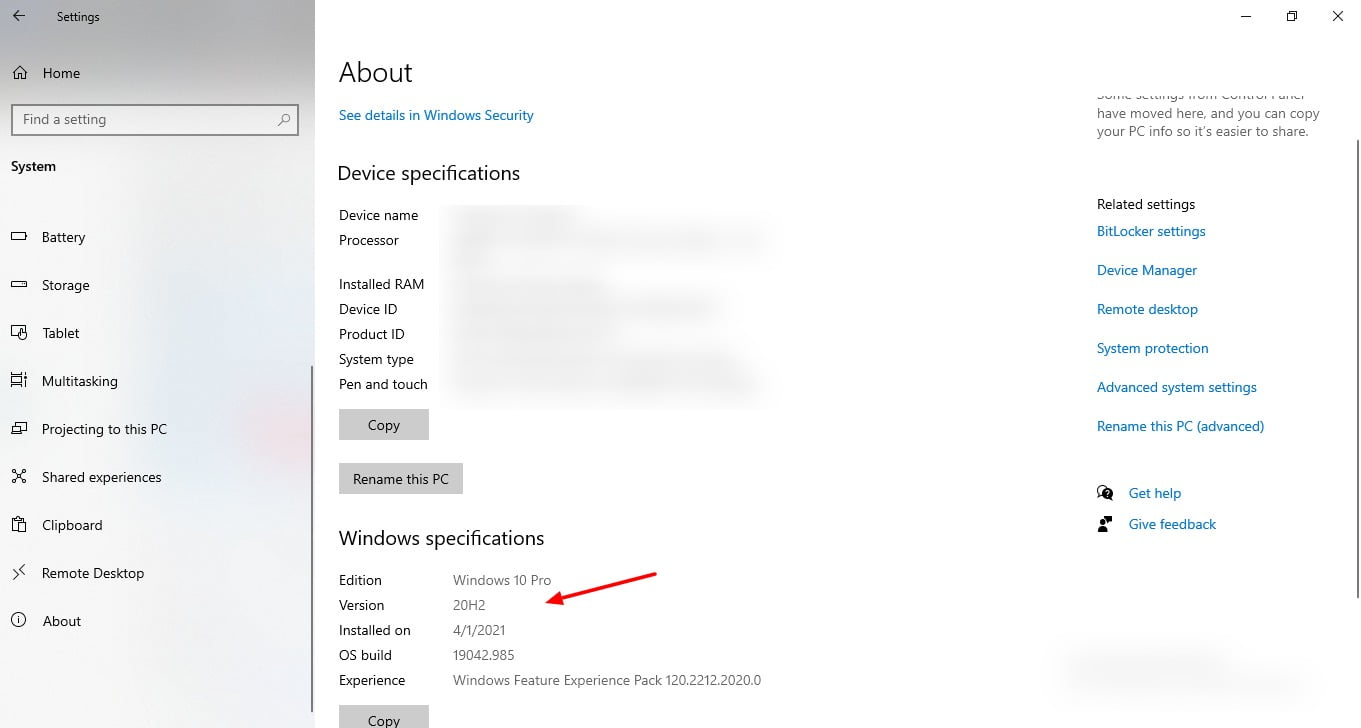 Screenshot Of Windows Version In Settings Of Windows 10
