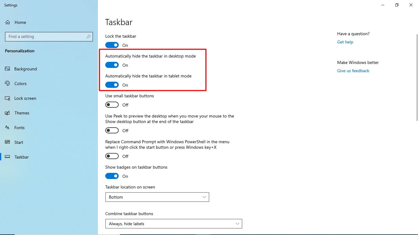 Screenshot Of Hiding Taskbar In Settings Of Windows 10