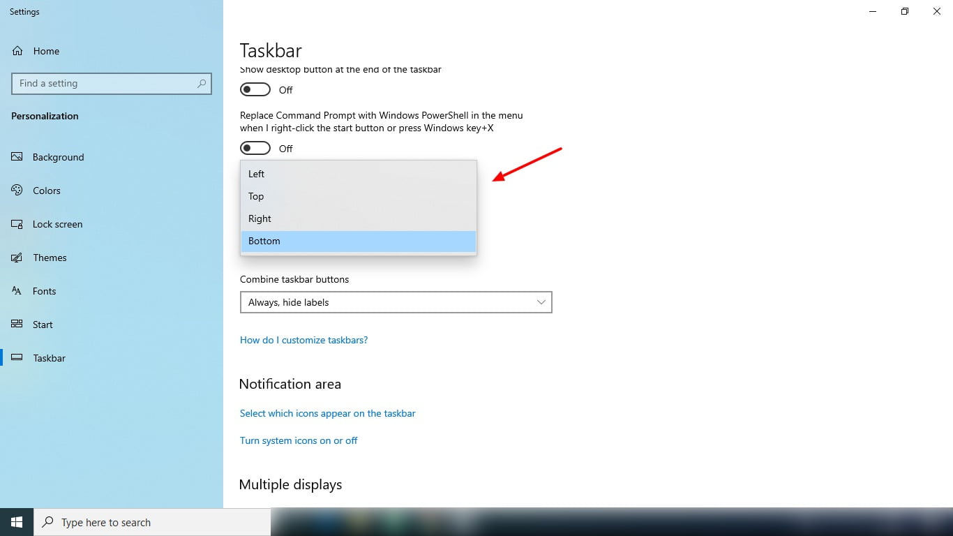 Move Teaskbar In Settings Of Windows 10