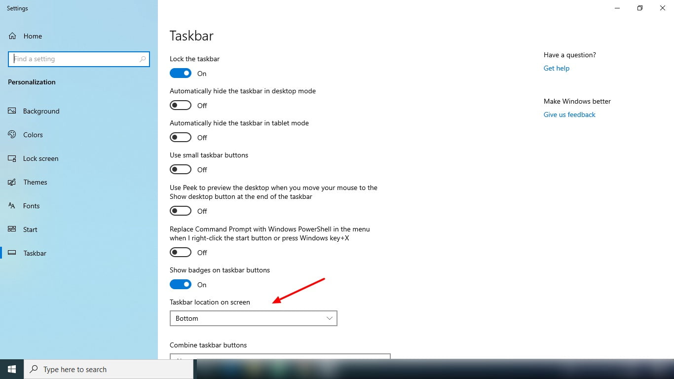 Screenshot Of Taskbar Location On Screen In Windows 10