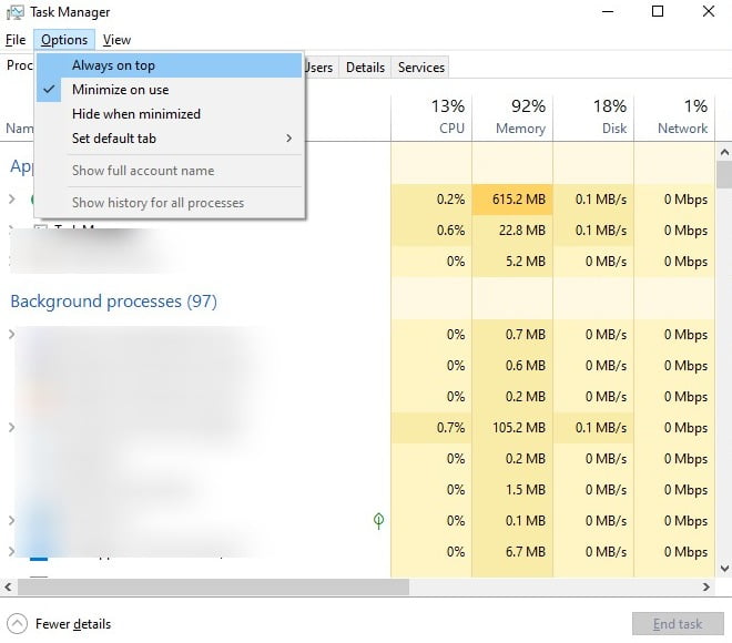 Screenshot Of Always On Top In Task Manager Of Windows 10