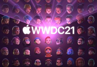 WWDC21 with the Apple's logo featuring on the background wall of Apple updates emojis