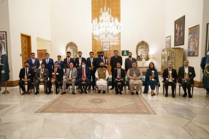 A Group Photo Of Best Software House Award Winners With President Of Pakistan, Arif Alvi At Awain-E-Sadar, Islamabad, Pakistan