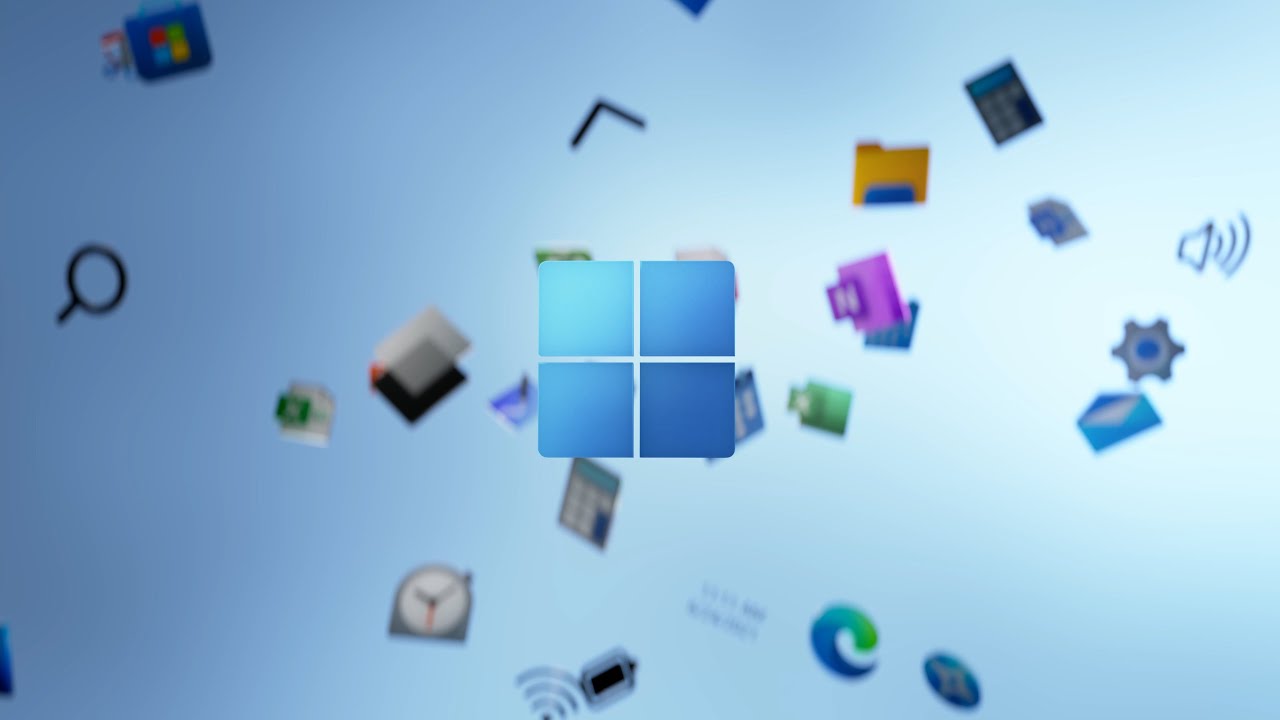 A logo of Windows with the background of various Windows' feature's icon