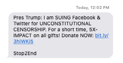 A Text Message Asking For Donation For The Lawsuit Filed By Mr. Trump Against Tech Companies