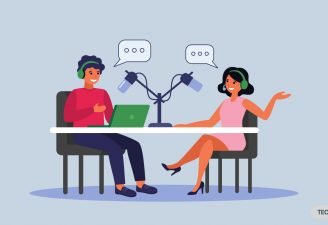 An animated illustration of two guys discussing on a podcast