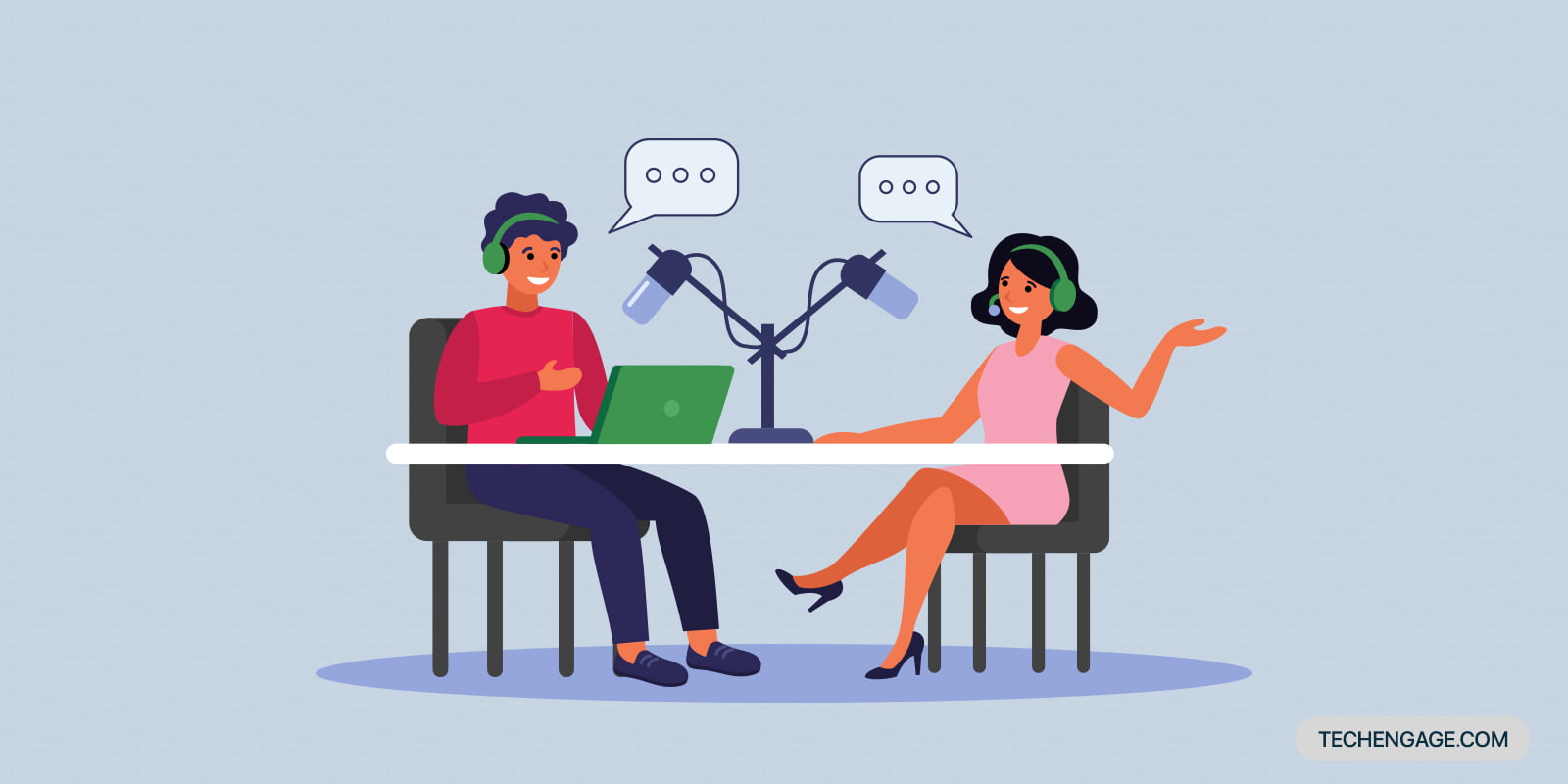 An animated illustration of two guys discussing on a podcast