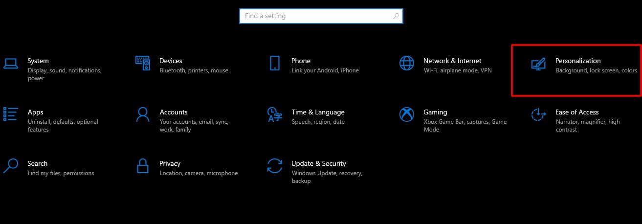 Screenshot Of Personalization Tab In Settings Of Windows 10