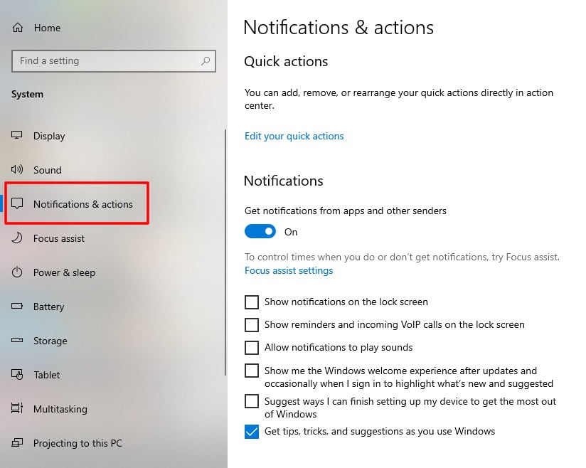 Screenshot Of Notifications &Amp; Actions Tab In Windows 10