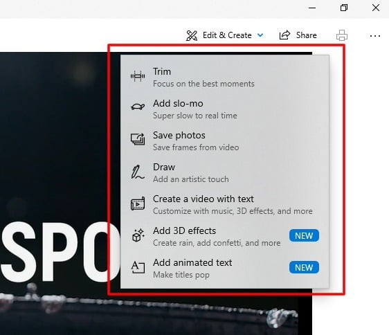 Screenshot Of Drop Down Menu Of Video Editor In Windows 10