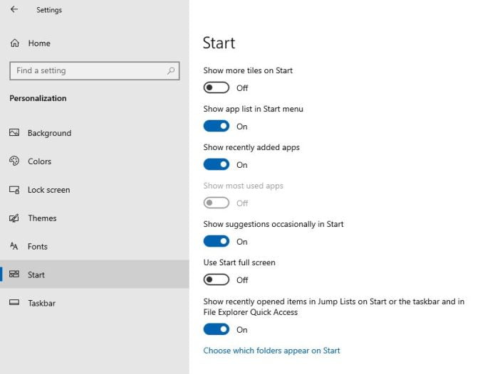Start Menu Settings On Windows 10